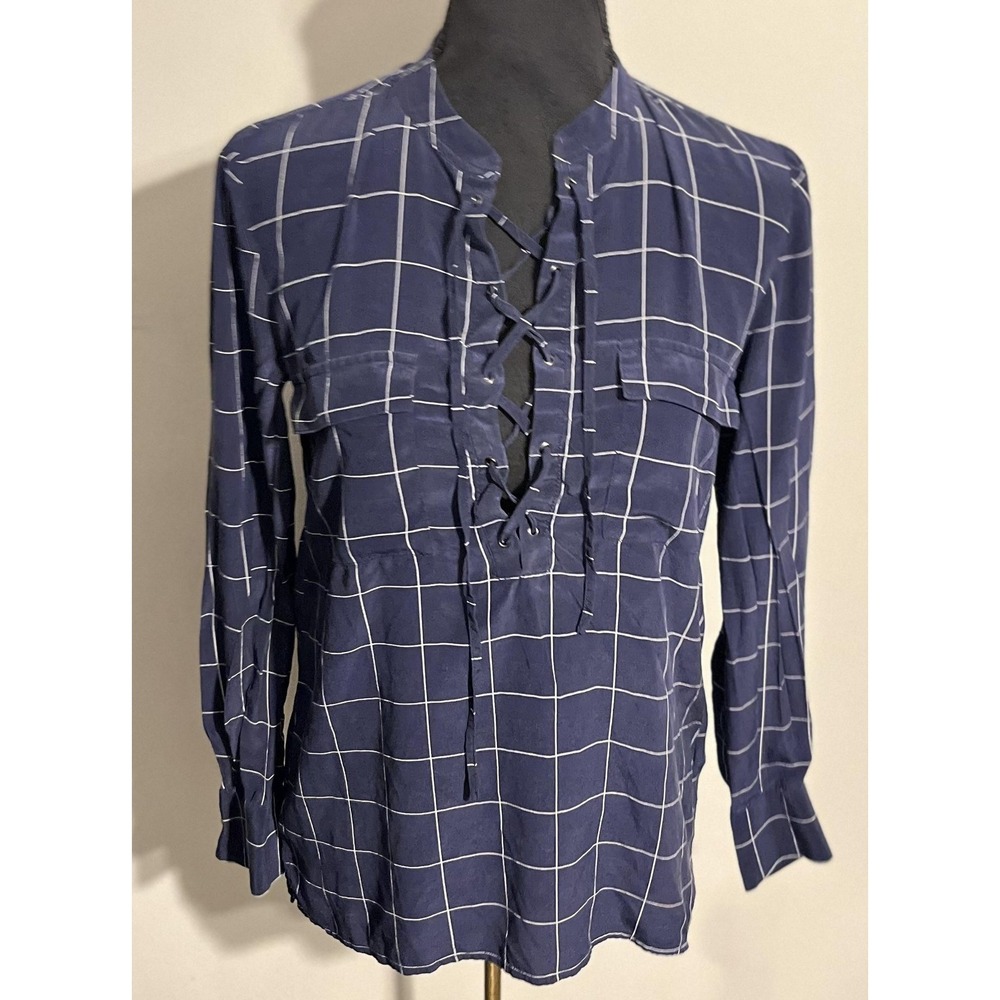 Madewell Shirt Womens XS Navy Windowpane Silk Lace-Up Long Sleeve‎ Blouse Top